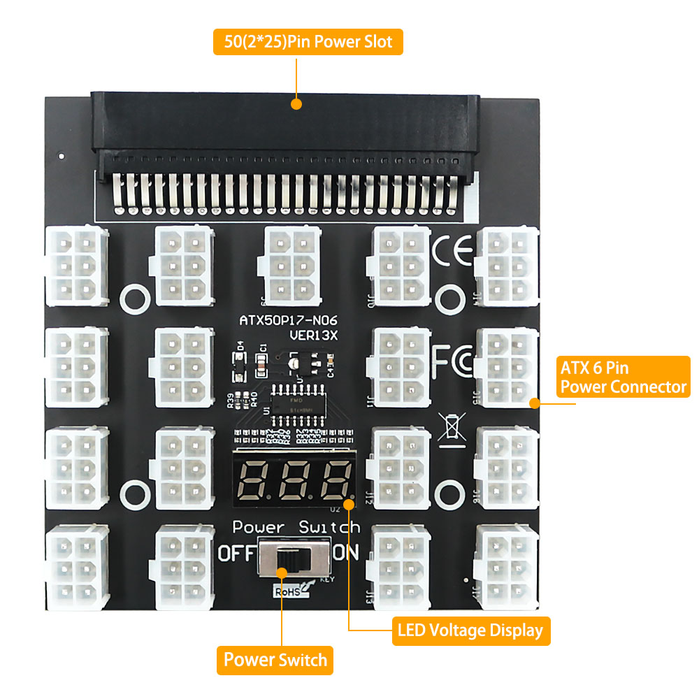 PCI-E 12V 50Pin to ATX 17 x 6P - 2400W Server Psu Breakout Board 评论和价格
